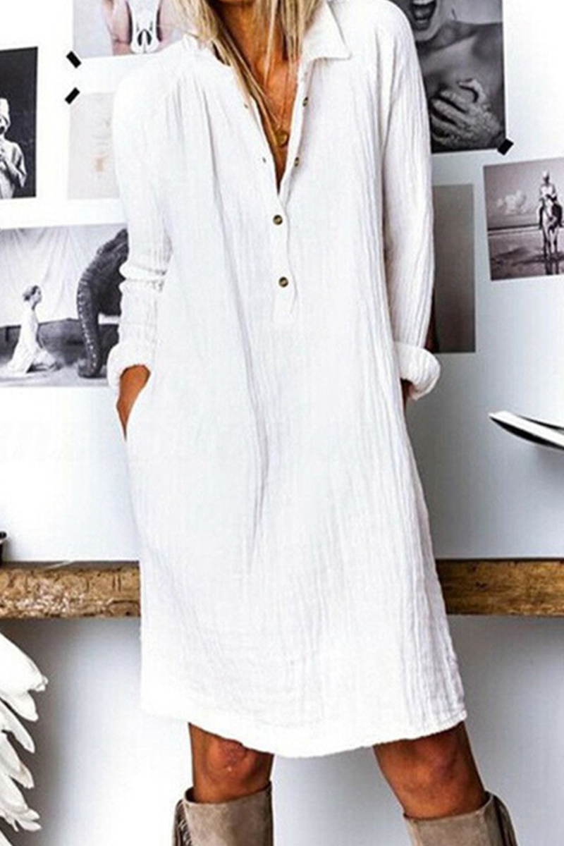 Casual Street Solid Buckle Turndown Collar Dresses(3 Colors) - Fashionpara