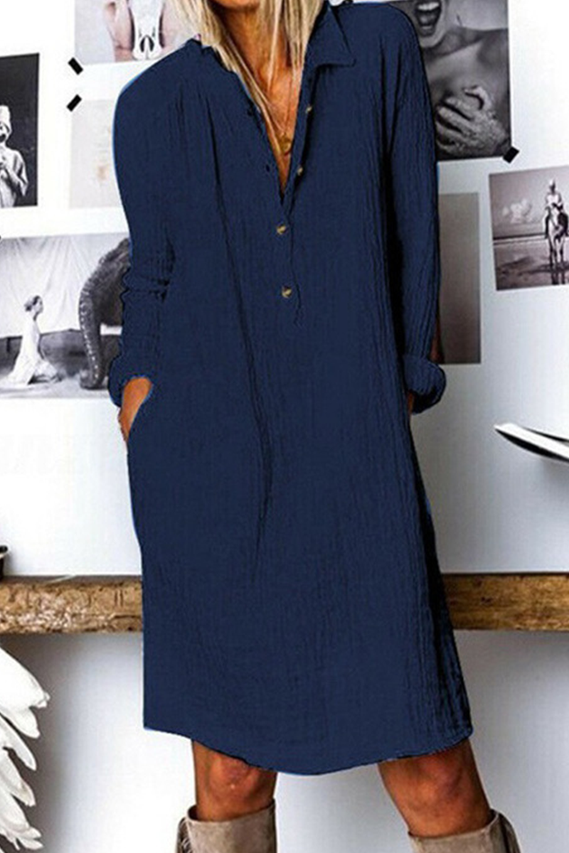 Casual Street Solid Buckle Turndown Collar Dresses(3 Colors) - Fashionpara