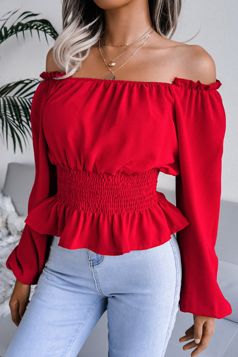 Fashion Elegant Solid Patchwork Flounce Off the Shoulder Blouses(5 Colors)