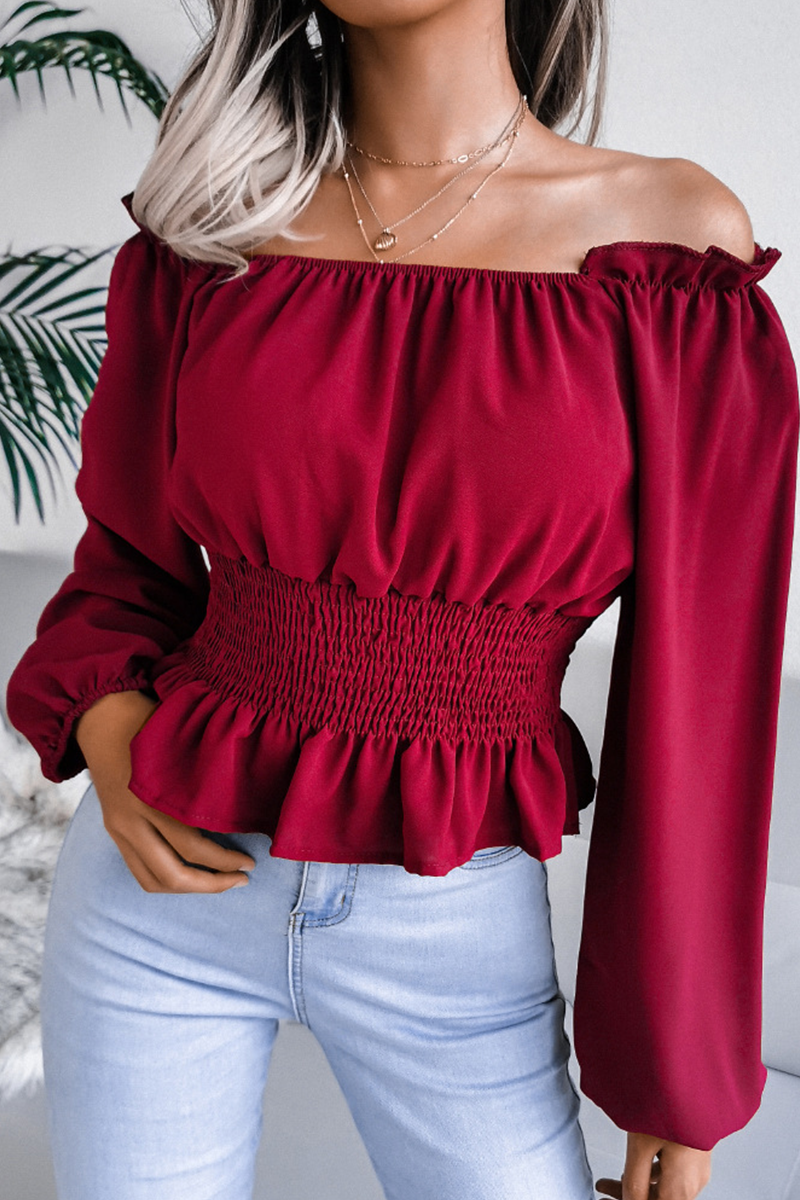 Fashion Elegant Solid Patchwork Flounce Off the Shoulder Blouses(5 Colors)
