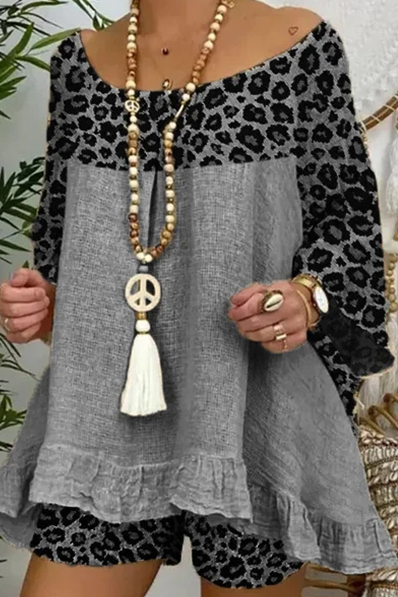 Casual Street Leopard Patchwork Flounce O Neck Three Quarter Two Pieces - Fashionpara