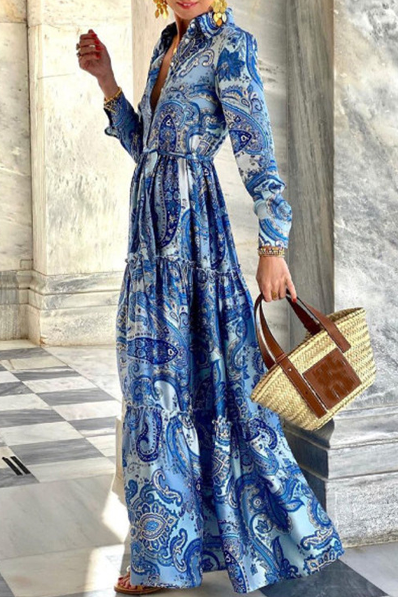 Street Print Patchwork Buckle POLO collar A Line Dresses  Fashionpara