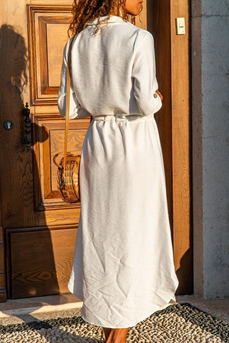 Casual Solid Pocket Buckle Turndown Collar Dresses - Fashionpara