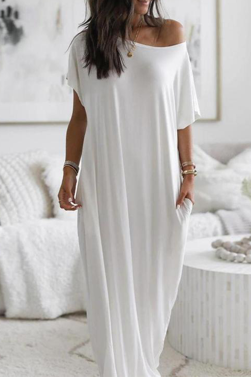 Casual Solid Pocket Slit O Neck Dresses - Fashionpara