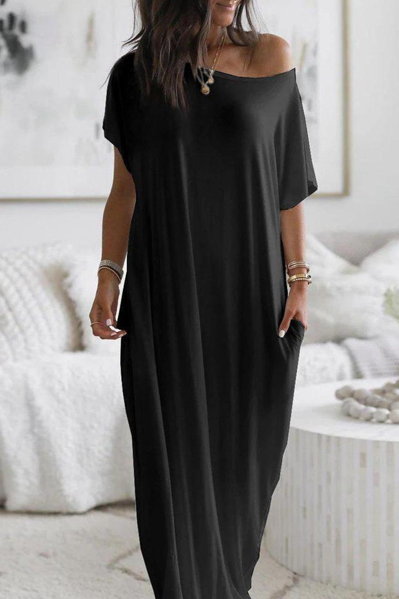 Casual Solid Pocket Slit O Neck Dresses - Fashionpara