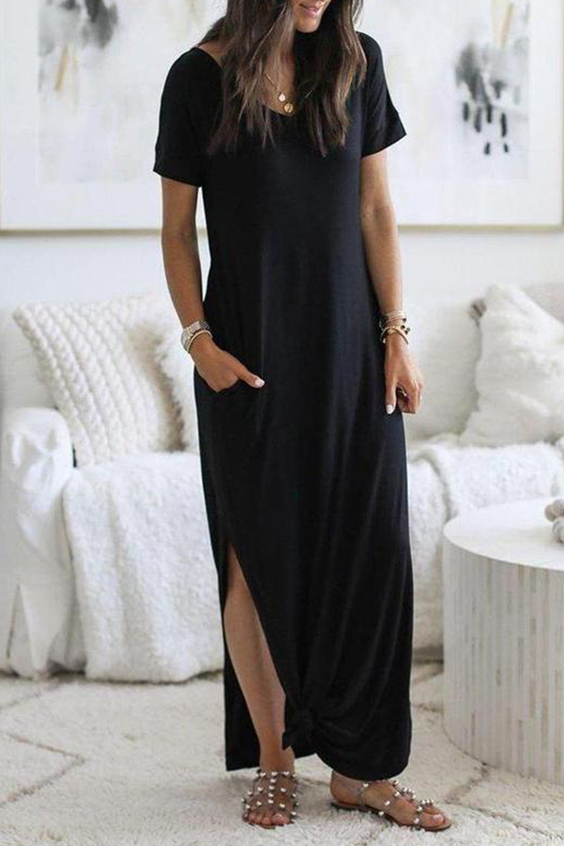 Casual Solid Pocket Slit O Neck Dresses - Fashionpara