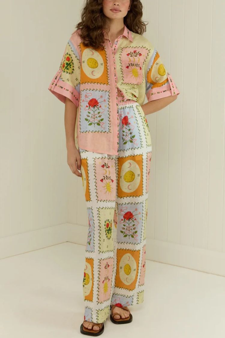 Lily Song Linen Blend Unique Print Short Sleeve Shirt and Belted Pocket Shorts Set - Fashionpara