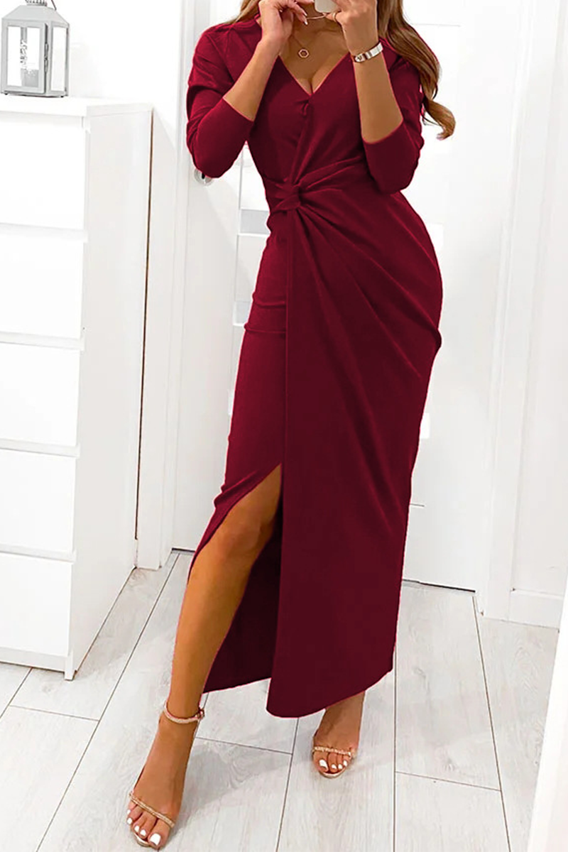 Elegant Solid Slit Fold V Neck Evening Dress Dresses(4 Colors) - Fashionpara