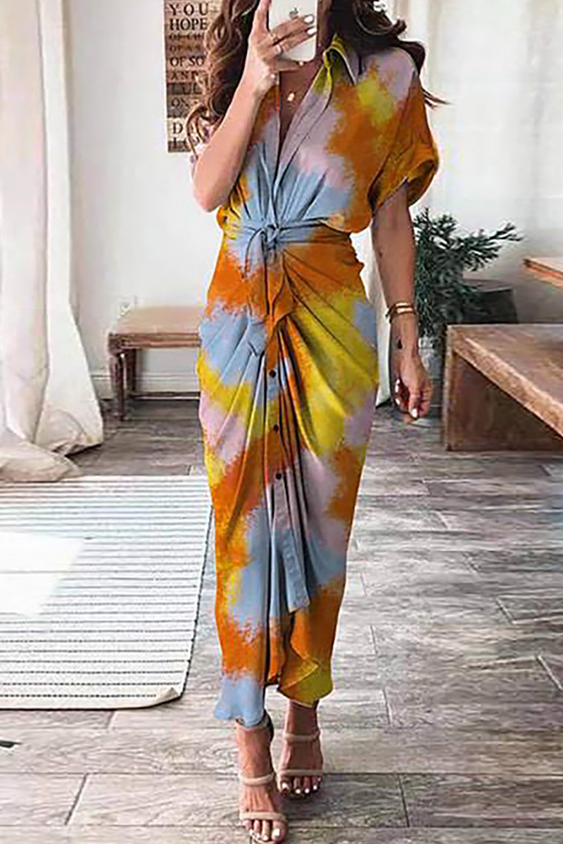 Elegant Print Frenulum Buckle Turndown Collar Pencil Skirt Dresses(7 Colors)  Fashionpara