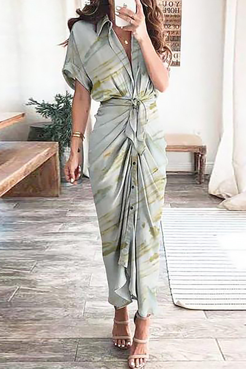 Elegant Print Frenulum Buckle Turndown Collar Pencil Skirt Dresses(7 Colors)  Fashionpara