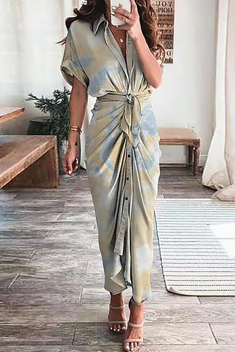 Elegant Print Frenulum Buckle Turndown Collar Pencil Skirt Dresses(7 Colors)  Fashionpara