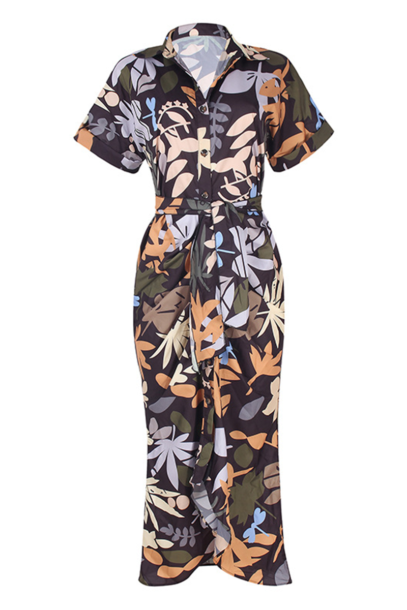 Elegant Print Frenulum Buckle Turndown Collar Pencil Skirt Dresses(7 Colors)  Fashionpara