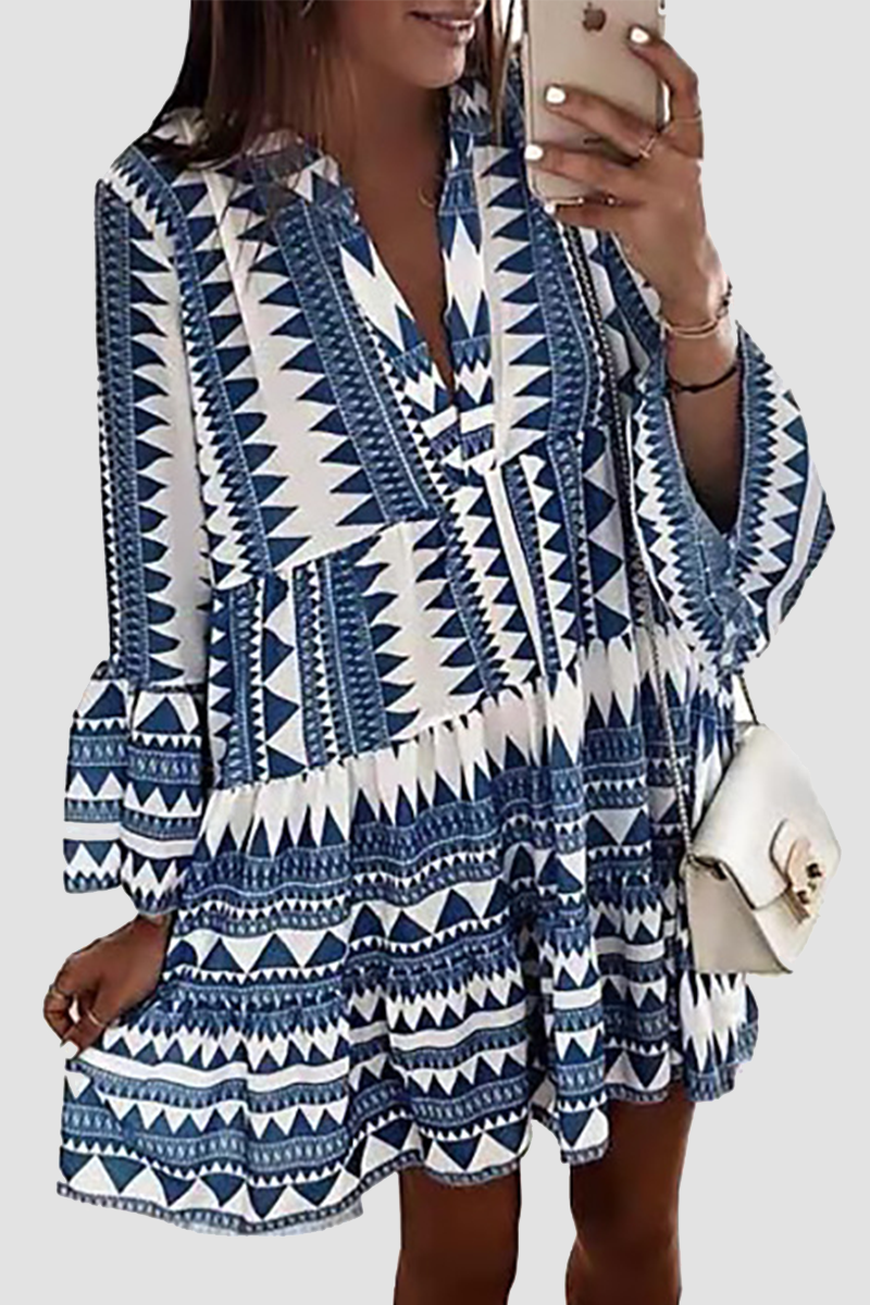 Casual Print Patchwork Flounce V Neck Cake Skirt Dresses(6 Colors)  Fashionpara