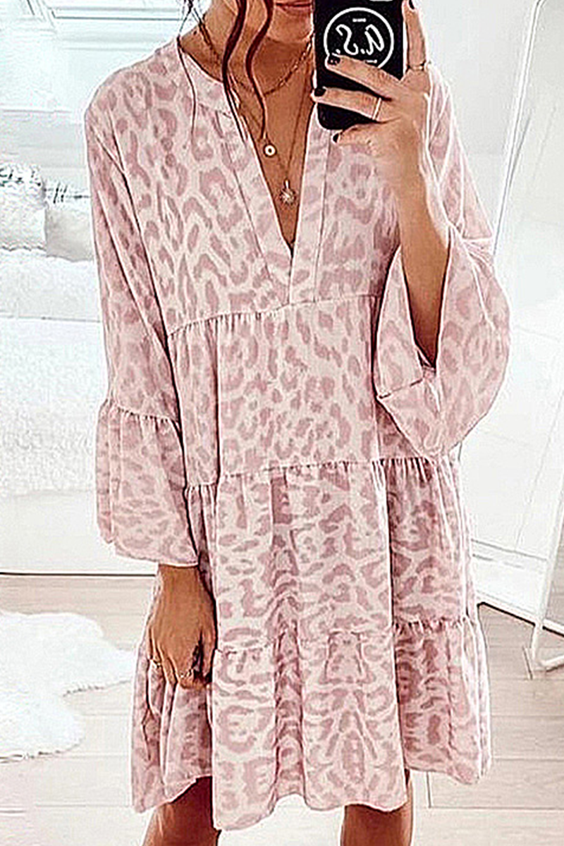 Casual Print Patchwork Flounce V Neck Cake Skirt Dresses(6 Colors)  Fashionpara