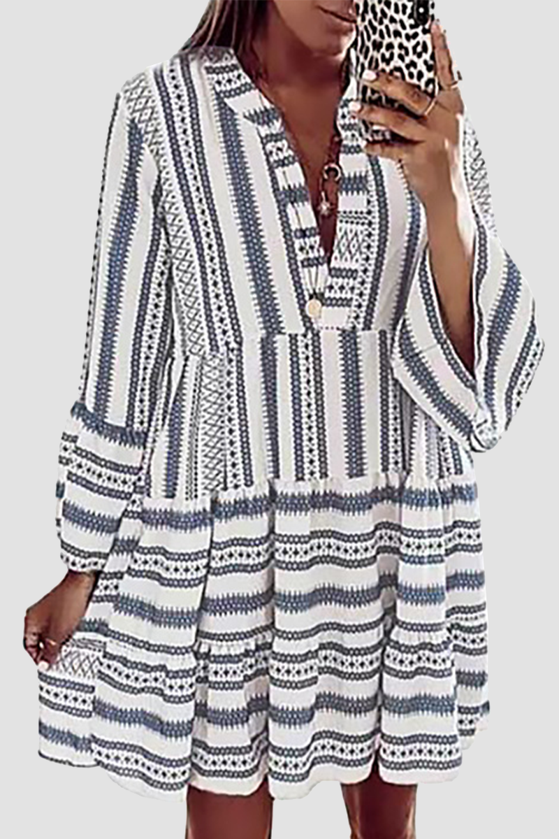 Casual Print Patchwork Flounce V Neck Cake Skirt Dresses(6 Colors)  Fashionpara