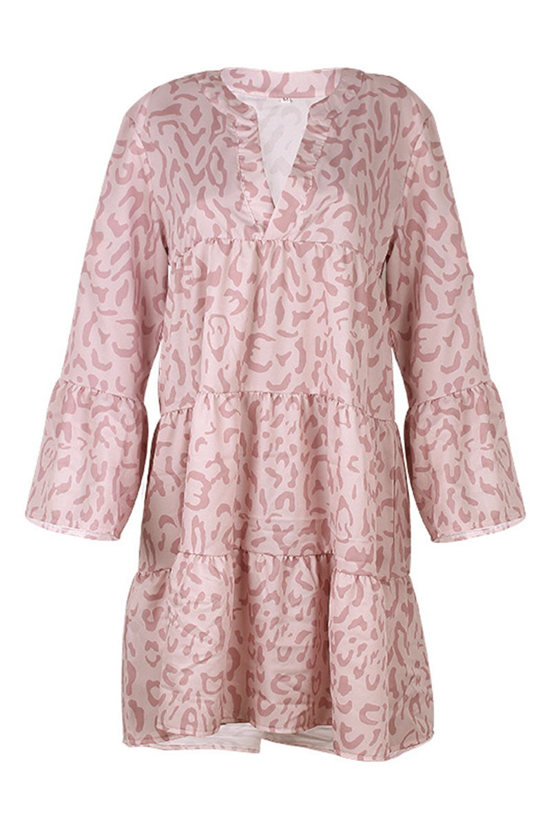 Casual Print Patchwork Flounce V Neck Cake Skirt Dresses(6 Colors)  Fashionpara