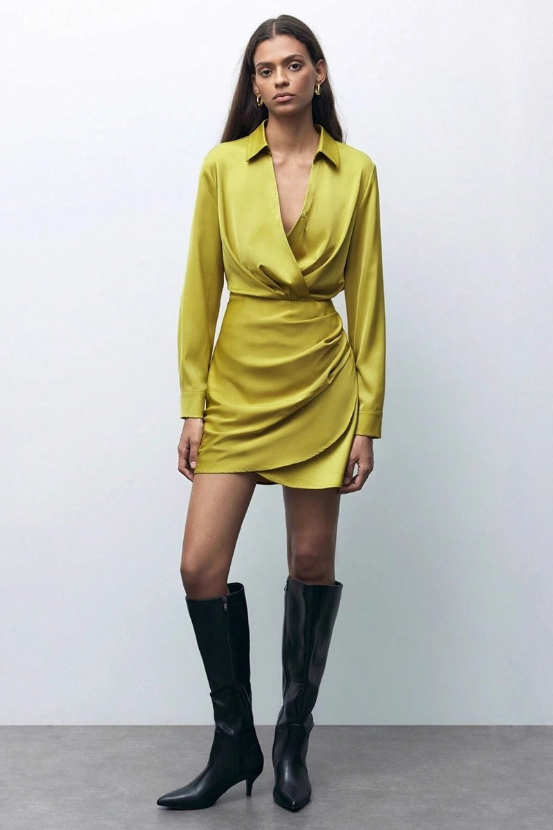 Satin Collared Long Sleeve Ruched Wrap Mini Dress 2