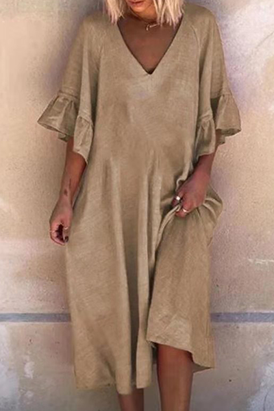 Casual Solid Patchwork Flounce V Neck Dresses - Fashionpara