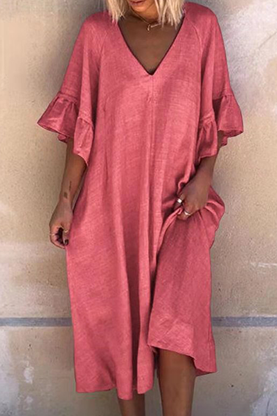 Casual Solid Patchwork Flounce V Neck Dresses - Fashionpara