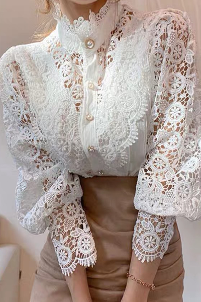 Elegant Patchwork Lace Hollowed Out Buckle Mandarin Collar Blouses(3 Colors) - Fashionpara