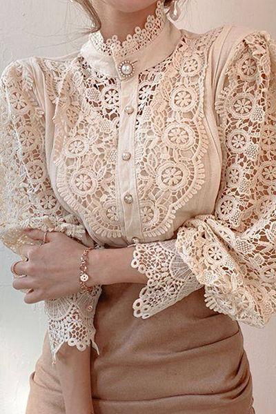 Elegant Patchwork Lace Hollowed Out Buckle Mandarin Collar Blouses(3 Colors) - Fashionpara