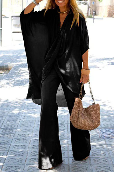 Casual Solid Patchwork Fold Asymmetrical V Neck Half Sleeve Two Pieces(6 Colors) - Fashionpara