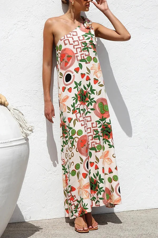 Botanical Print Elegant Strappy One-shoulder Resort Maxi Dress - Fashionpara
