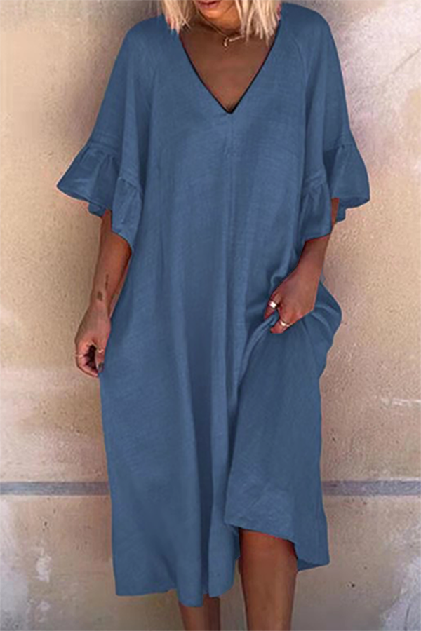 Casual Solid Patchwork Flounce V Neck Dresses - Fashionpara