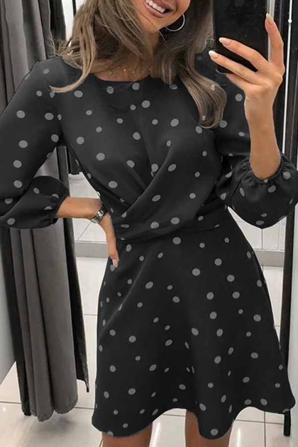 Casual Polka Dot Patchwork Fold O Neck Waist Skirt Dresses(4 Colors)  Fashionpara