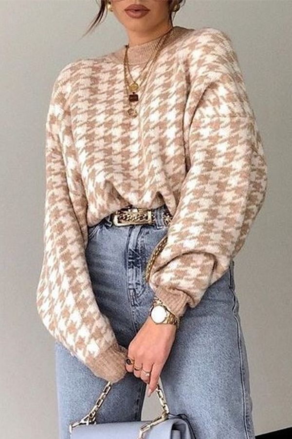 Flornana Geometric Contrast O Neck Sweater in Three Colors