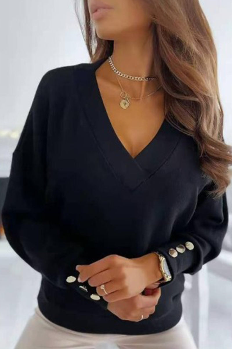 Solid Split Joint Buckle V Neck Tops - Fashionpara