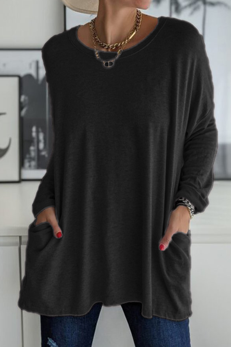 Casual Solid Patchwork Pocket O Neck Tops(13 Colors) - Fashionpara