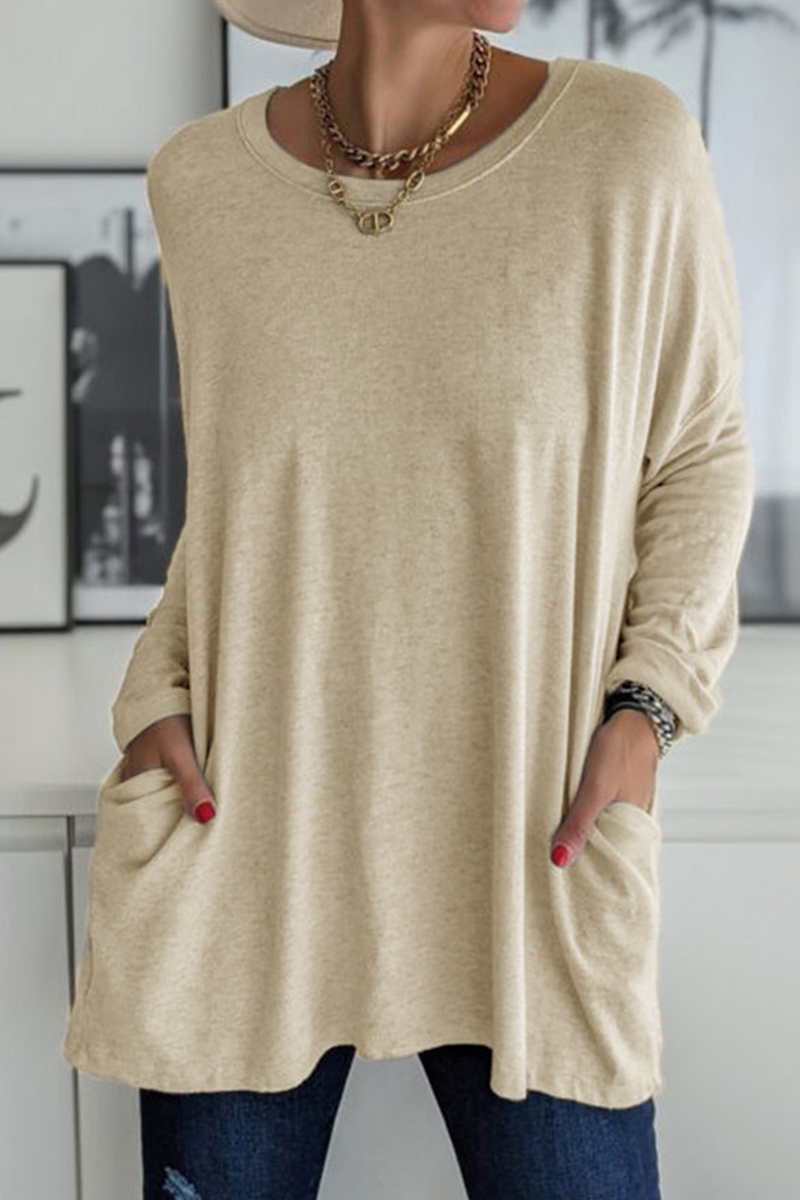 Casual Solid Patchwork Pocket O Neck Tops(13 Colors) - Fashionpara