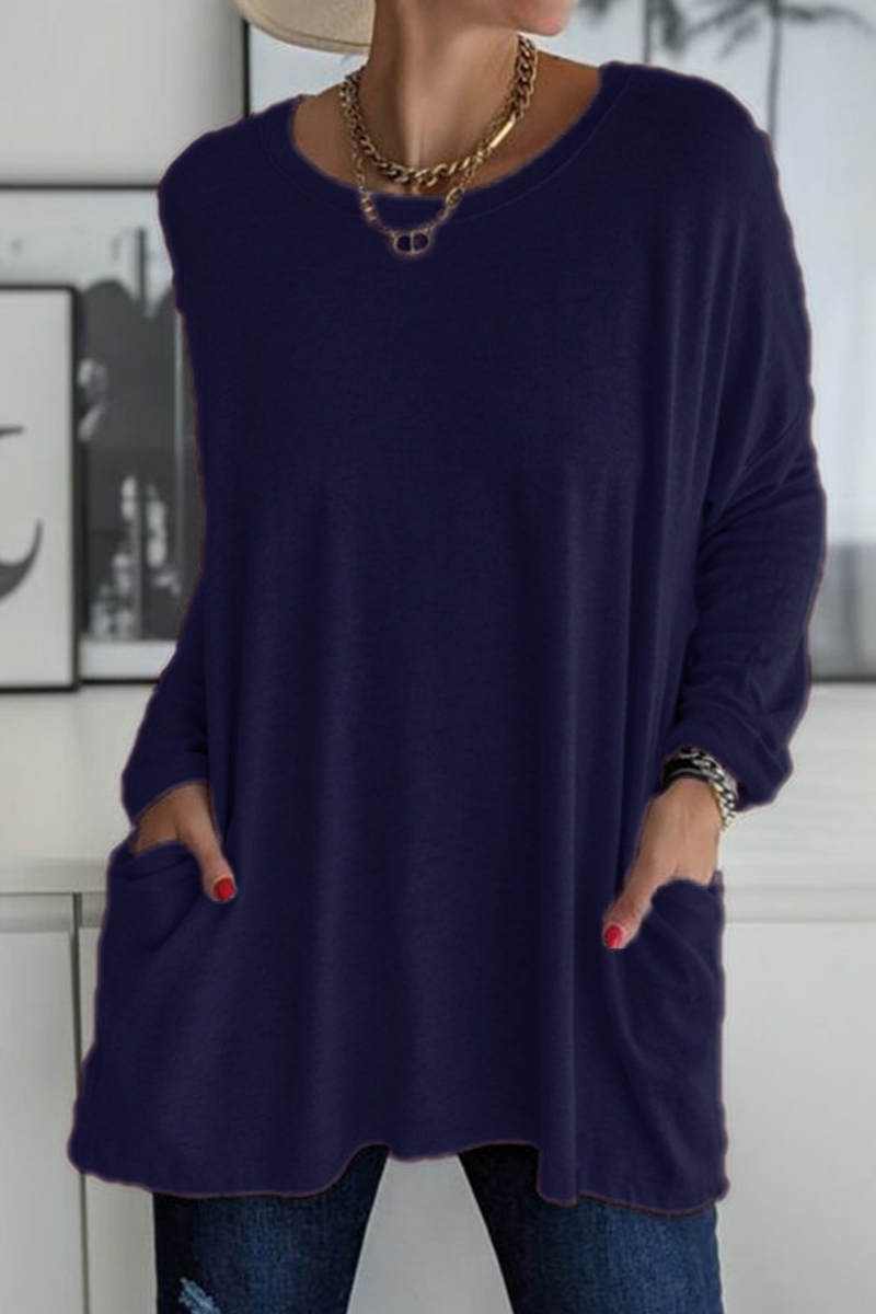 Casual Solid Patchwork Pocket O Neck Tops(13 Colors) - Fashionpara