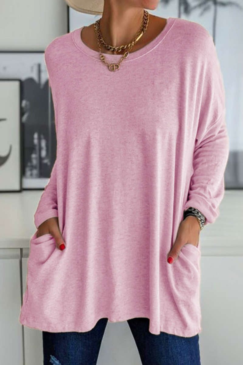 Casual Solid Patchwork Pocket O Neck Tops(13 Colors) - Fashionpara