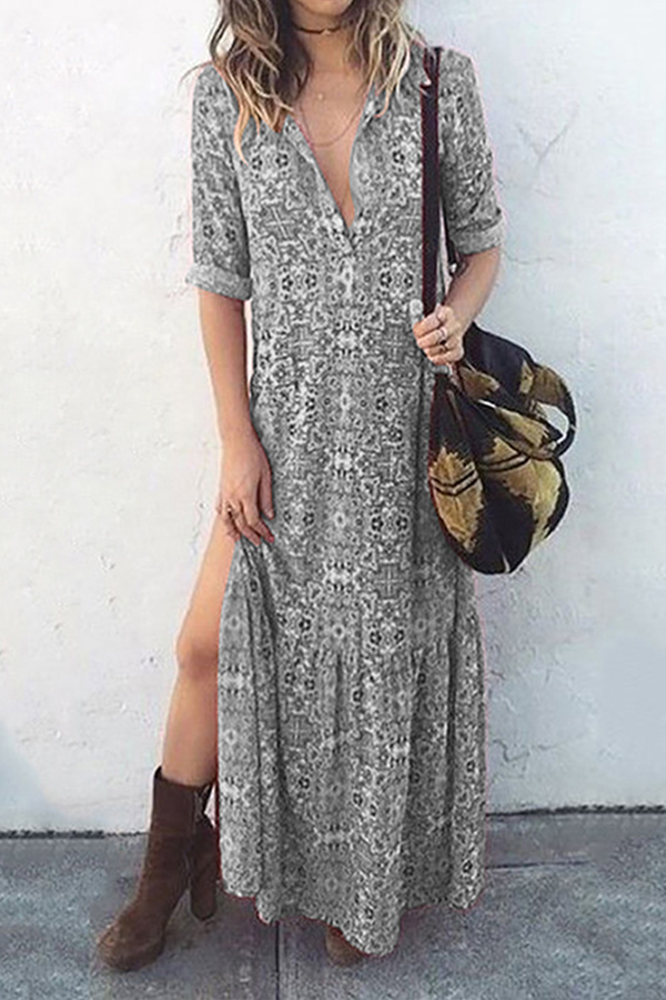Casual Print Buckle Slit O Neck Dresses  Fashionpara