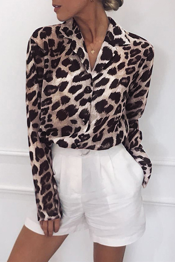Fashion Casual Leopard Buckle Turndown Collar Blouses(4 Colors)