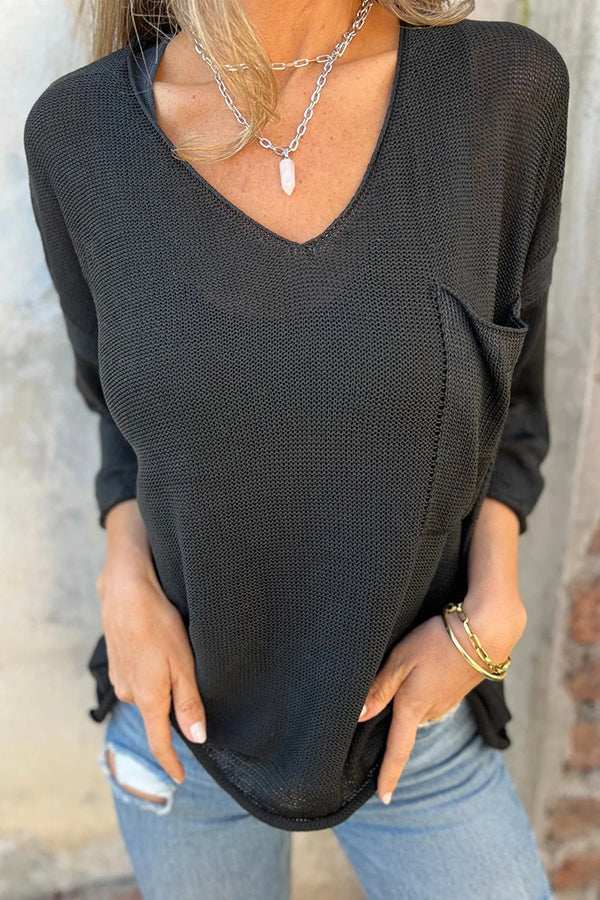 Cozy V-neck Knit Sweater with Pockets for Autumn and Winter