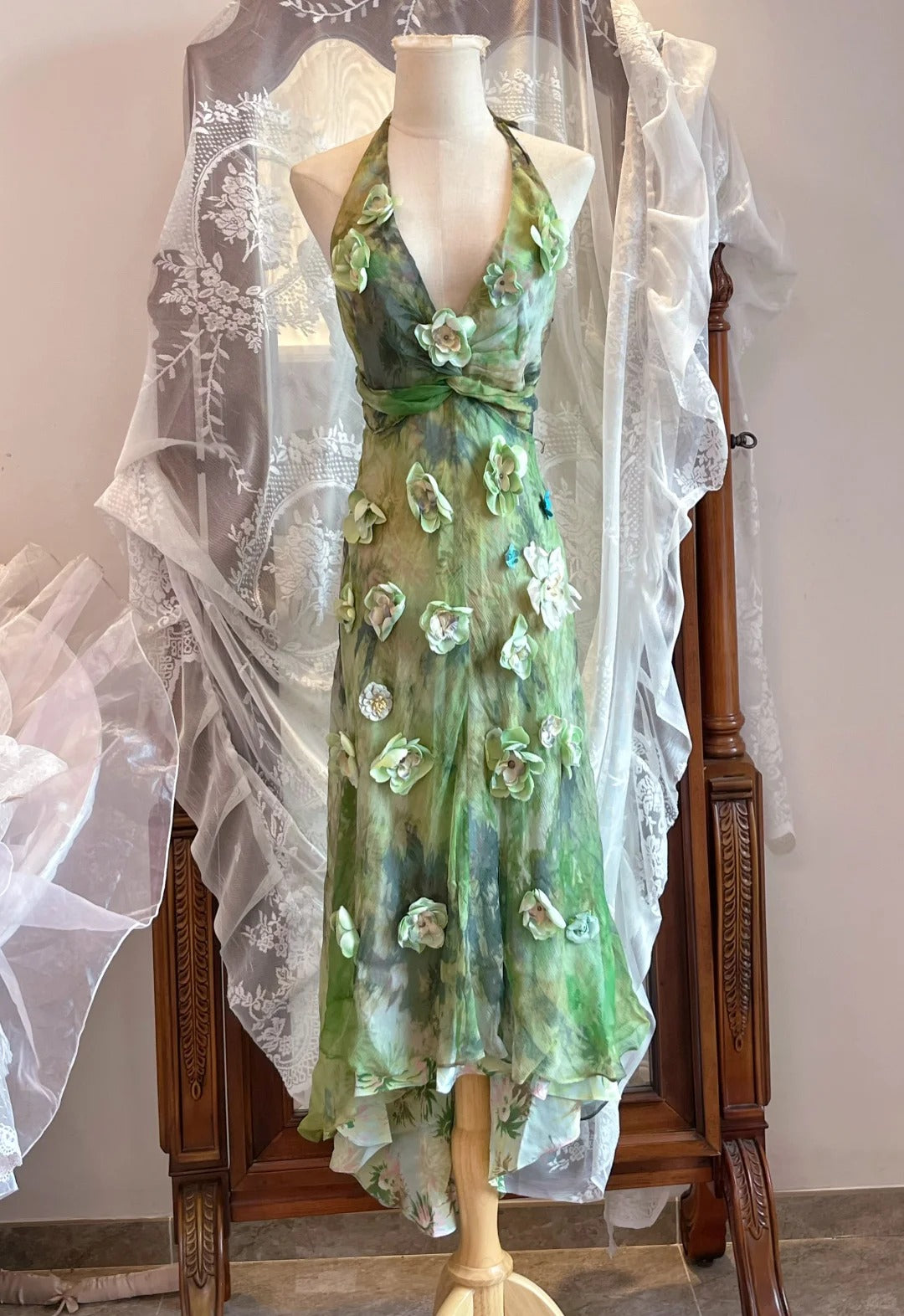 Fresh Green Floral Print Halter Neck Chiffon Prom Dress Evening Dress P4164