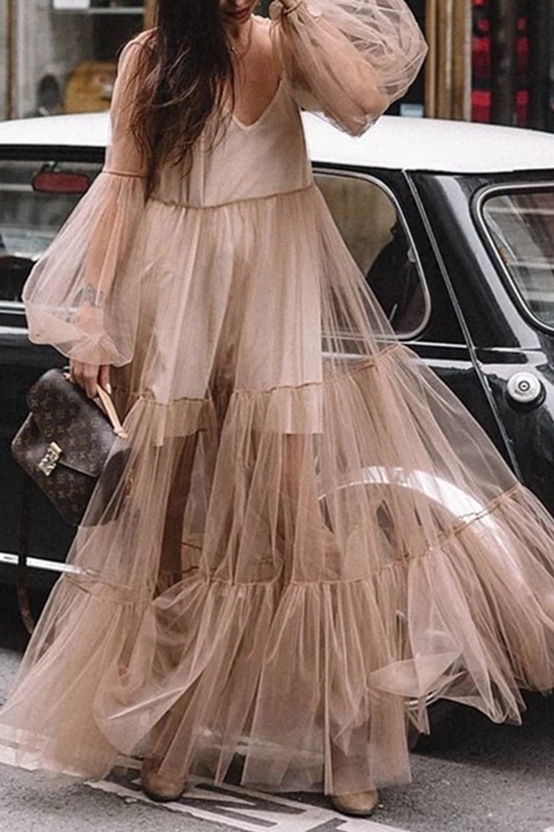 Casual Solid Mesh V Neck Mesh Dress Dresses(3 Colors) - Fashionpara