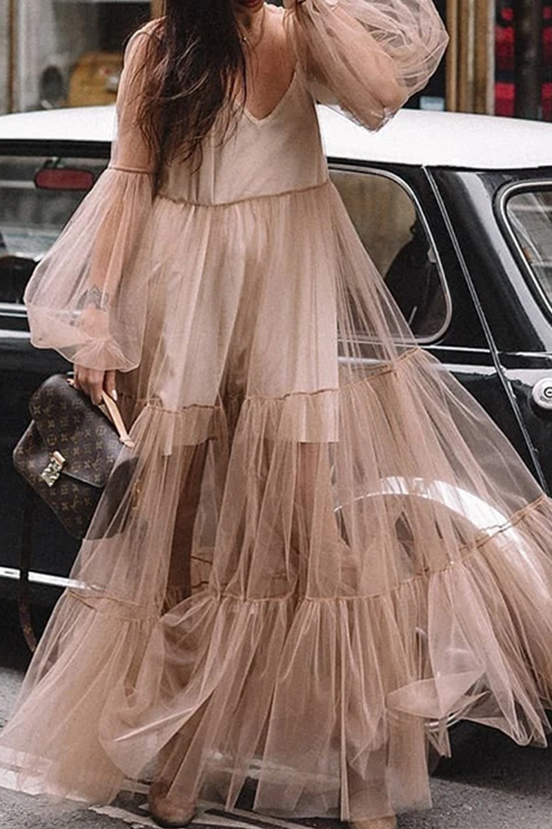 Casual Solid Mesh V Neck Mesh Dress Dresses(3 Colors) - Fashionpara