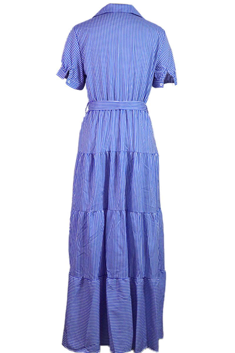 Casual Striped Patchwork Turndown Collar Cake Skirt Dresses - Fashionpara