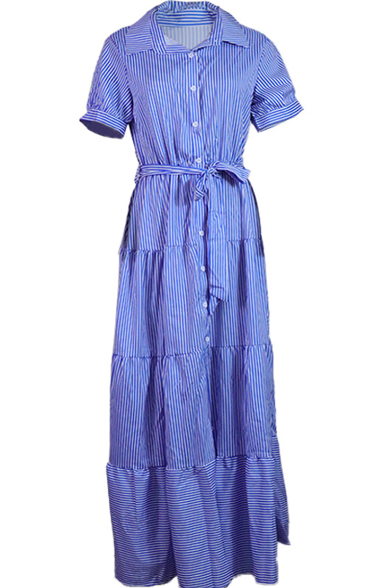 Casual Striped Patchwork Turndown Collar Cake Skirt Dresses - Fashionpara