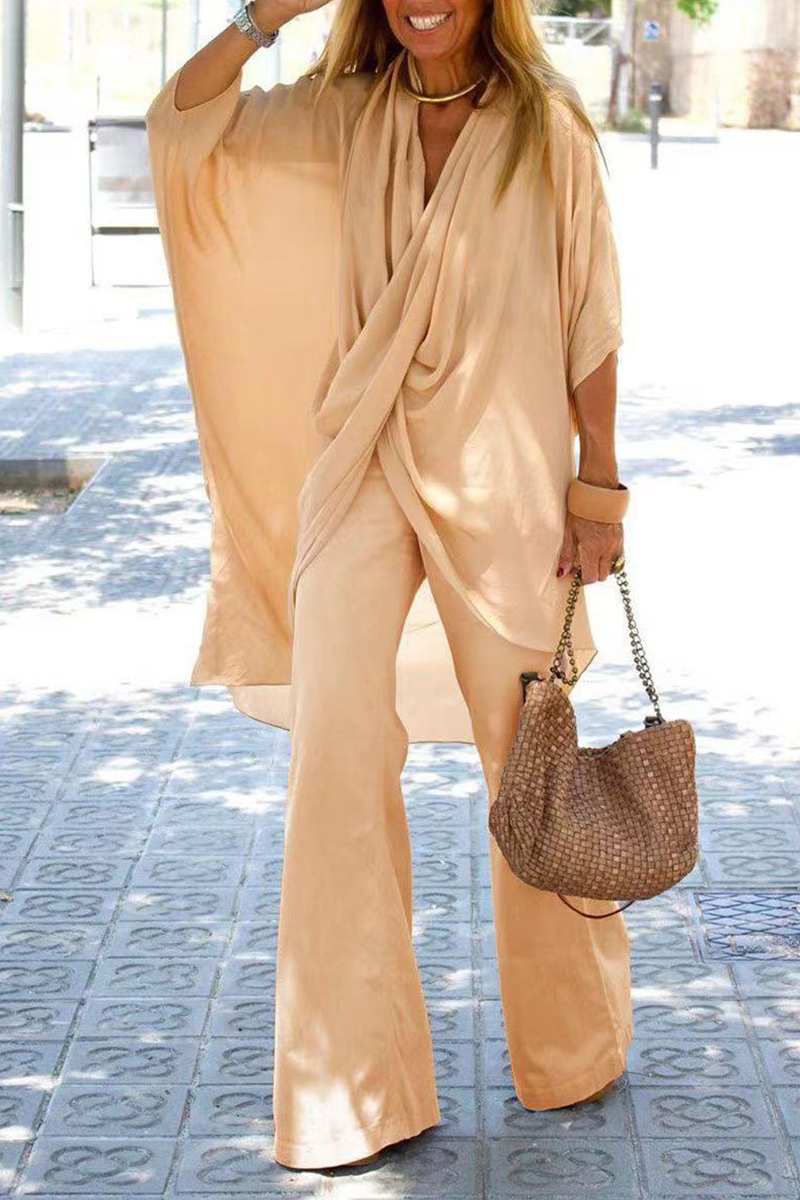 Casual Solid Patchwork Fold Asymmetrical V Neck Half Sleeve Two Pieces(6 Colors) - Fashionpara