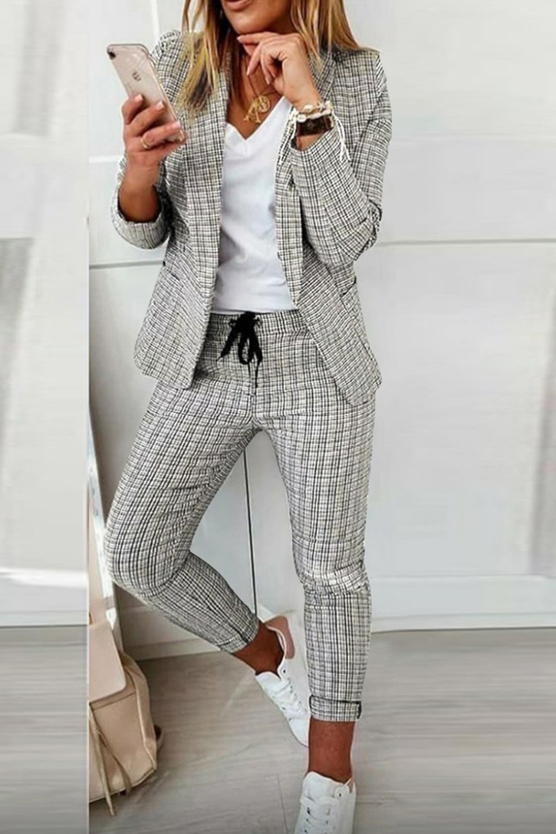 Casual Street Plaid Patchwork Turndown Collar Long Sleeve Two Pieces(4 Colors) - Fashionpara