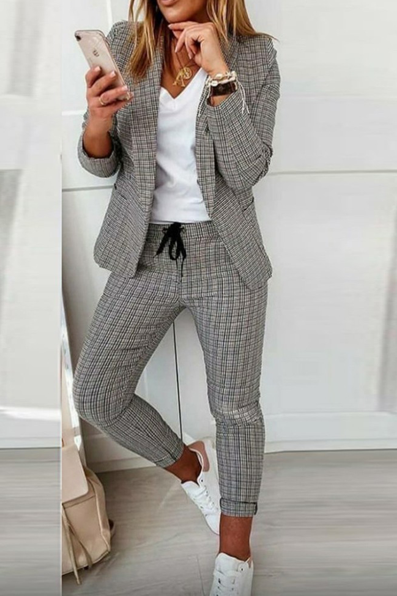 Casual Street Plaid Patchwork Turndown Collar Long Sleeve Two Pieces(4 Colors) - Fashionpara