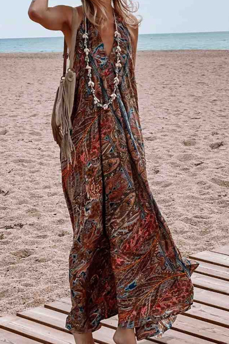 Casual Print Mesh V Neck Straight Dresses  Fashionpara