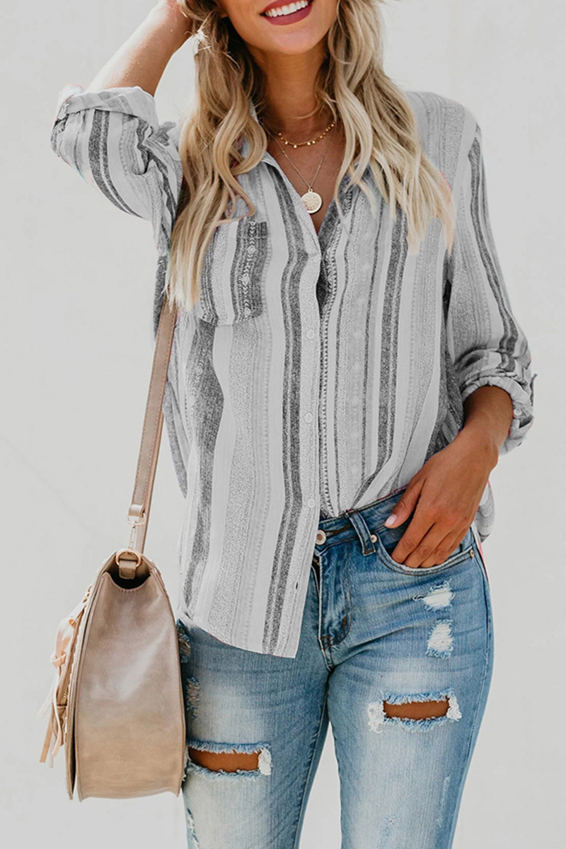 Fashion Striped Patchwork Turndown Collar Blouses