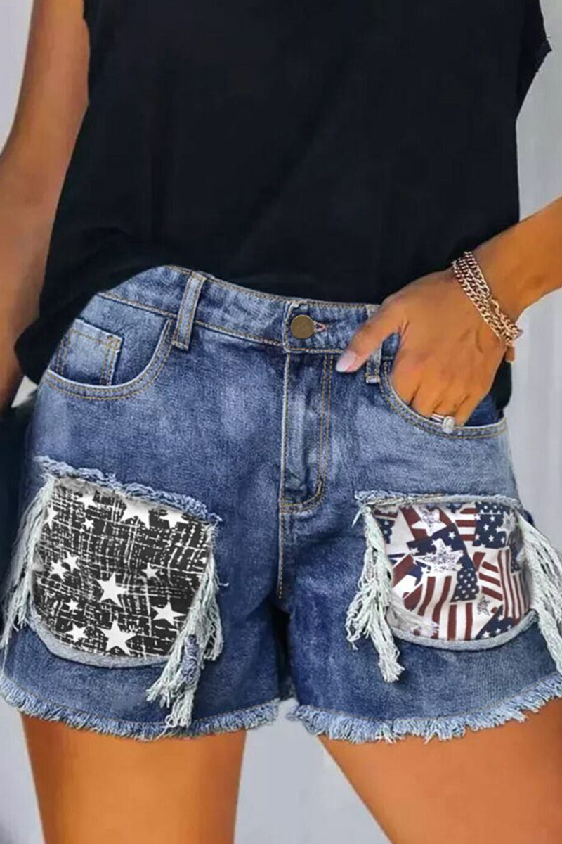 Casual Print Ripped Mid Waist Regular Denim Shorts  Fashionpara