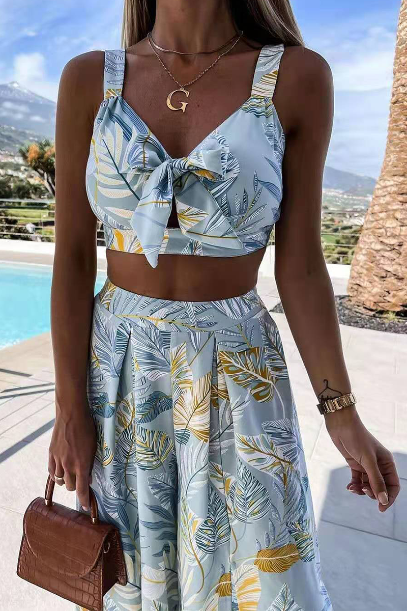 Casual Print Patchwork V Neck Sleeveless Two Pieces(3 Colors) - Fashionpara